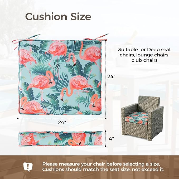 UNIKOME Outdoor Chair Cushions Set of 4, Water Resistant Patio Seat Cushions with Ties for Outdoor Furniture, High-Density Foam, UV & Fade Resistant, Piped Edge – 24" x 24" x 4", Flamingos