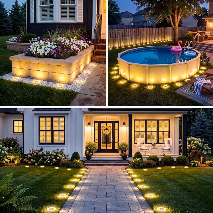 vighep 4 Pack Solar Ground Lights, 2.8 inch Flat Solar Light Outdoor Waterproof, Anti Rust, Low Profile Led Solar Powered Disc Lights Landscape Lighting for Yard,Walkway,Lawn,Path - Warm White