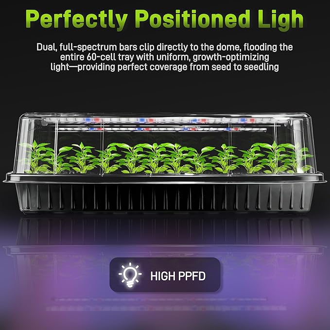 Mulctun 60-Cell Seed Starter Tray with Grow Light, Seedling Starter Trays with 4.08" Humidity Dome, Self-Watering Plant Germination Trays,Seed Starter Kit for Seeds Growing (Black)