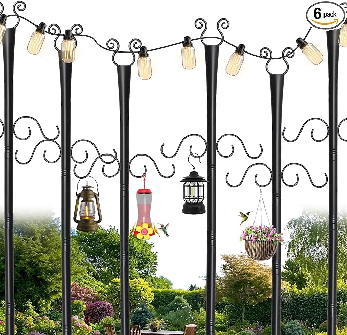6 Pack Outdoor Patio Light Poles for String Lights, 10Ft Heavy Duty Metal String Light Poles with Shepherds Hooks for Hanging Plant & Bird Feeder, Deck Pole for Outdoor Strings Lights
