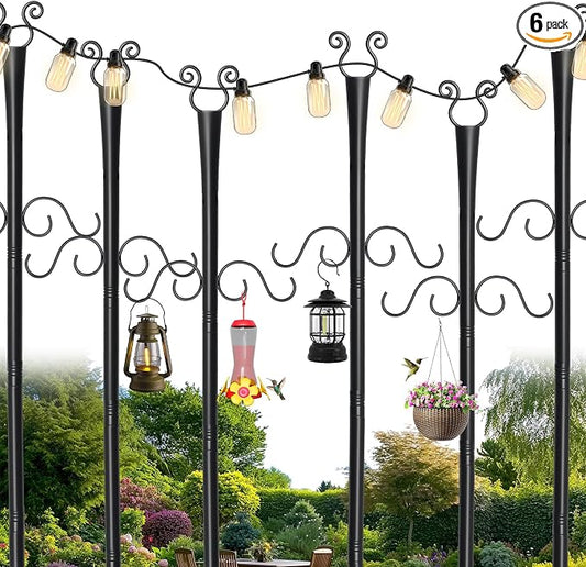 6 Pack Outdoor Patio Light Poles for String Lights, 10Ft Heavy Duty Metal String Light Poles with Shepherds Hooks for Hanging Plant & Bird Feeder, Deck Pole for Outdoor Strings Lights