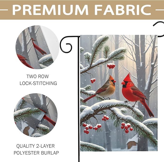 Winter Cardinal Bird Garden Flag 12x18 Inch Red Brown Birds Christmas Holiday Seasonal Theme Decorative Yard Flags for Outside Double Sided Outdoor Home Farmhouse Decoration Porch New Year Decor