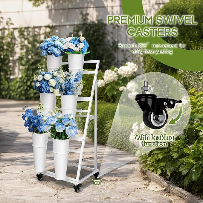 Flower Bar Stand with 6 Buckets, 3-Tier Metal Flower Display Stand on Wheels, Mobile Flower Cart for Indoor & Outdoor Garden, Flower Shop, Wedding, Party Decor(White)