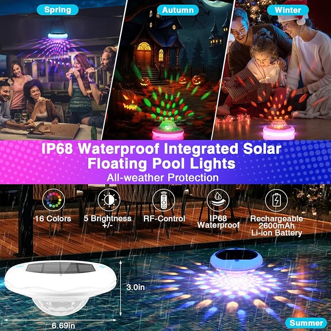 Solar Floating Pool Lights(1 PACK), USB Rechargeable Pool Lights That Float with Remote, 2600mAh 6.7'' IP68 Waterproof 13 Colors Upper and Lower Glow Hot Tub Light Hangable Solar Light for Garden