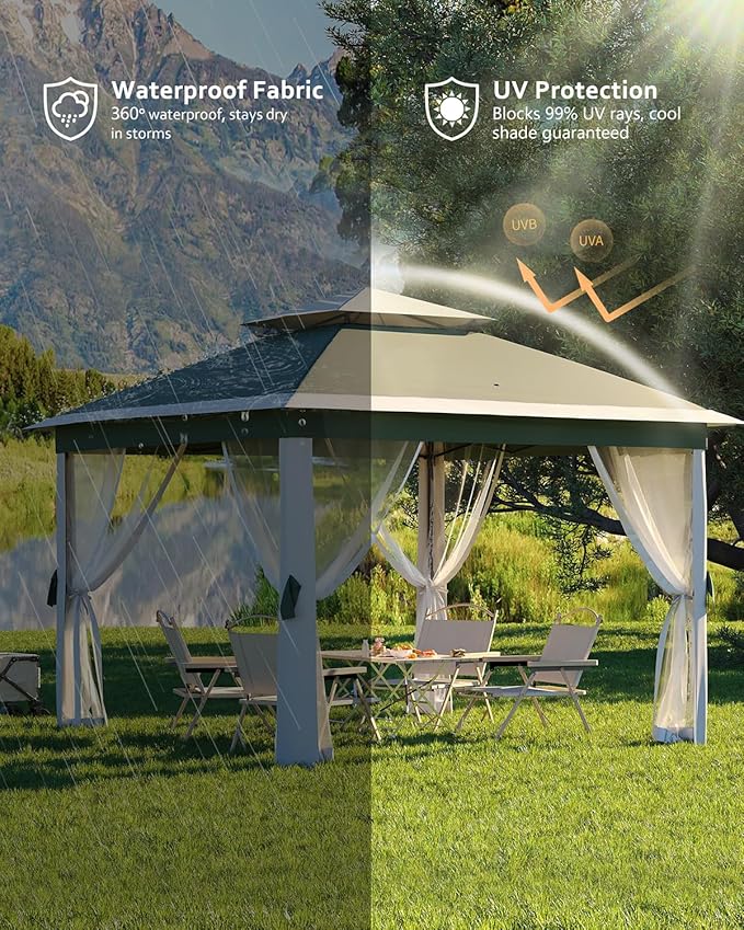 Garveelife 11x11 Pop Up Gazebo Tent with Mosquito Netting, Outdoor Canopy Shelter Easy Setup, Water & UV Resistant - Green
