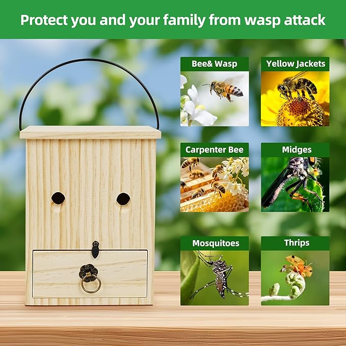 Carpenter Bee Traps for Outside 2PACK– Durable, Weather-Resistant, Eco-Friendly Wooden Wasp Trap for Outdoor Use