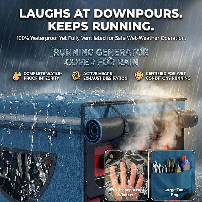 Generator Covers While Running, Universal Generator Cover, 600+210D Double Layer Production, Heavy Duty and Waterproof, for 5000W-10000W Frame Type Generators, Blue, with Storage Bag