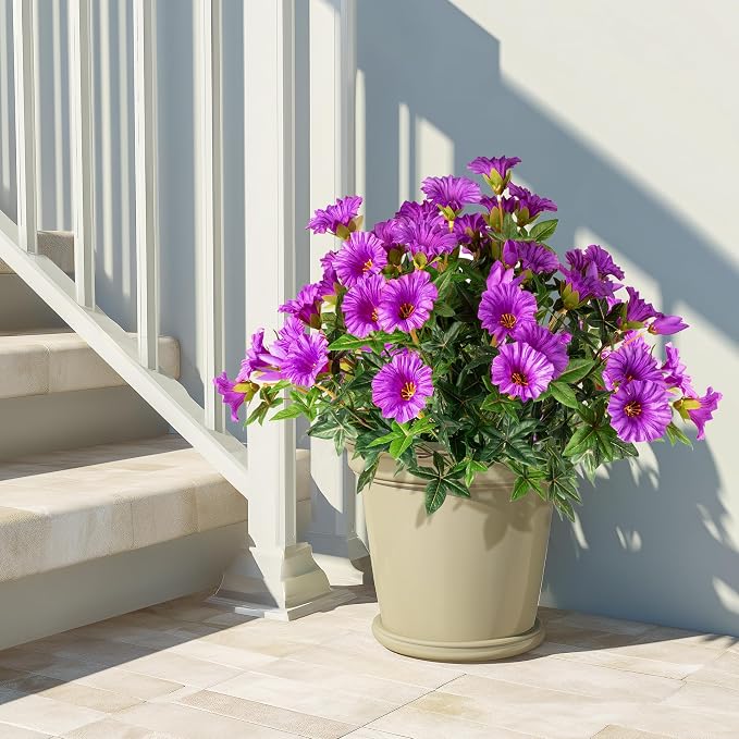 Purple Artificial Morning Glory Flowers for Outdoor Planters, Premium UV Resistant Silk Faux Flowers for Porch, Hanging Basket & Window Box, Cottage Garden Decor, No Pot, 13.3 Inch, 4 Bundles