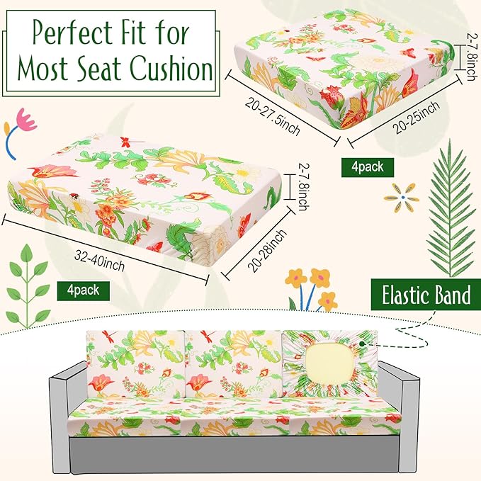 Spiareal 8 Pcs Waterproof Patio Stretch Sofa Cushion Cover, Outdoor Cushion Cover Replacement Include 4 Backrests and 4 Cushions, Sofa Seat Covers Furniture Protector(Flower)