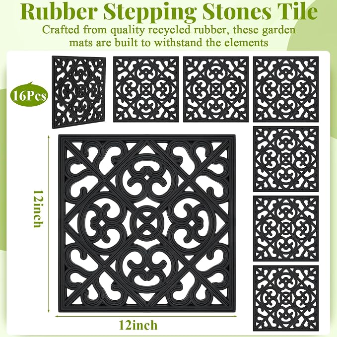 Pangda 8 Pcs Rubber Stepping Stones Outdoor Garden Walkway, 12 x 12 Inch Heavy Duty Pathway Pavers Retro Decorative Stepping Stones for Outside Landscaping Yard Lawn Path (Cross Square,Black)