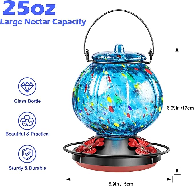 Hummingbird Feeder for Outdoors – Hand Blown Blue Glass Bird Feeder, Leakproof, Easy to Fill & Clean, 25 Ounces, Colorful Spotted Pumpkin Shape Decorative Hanging Gift for Her