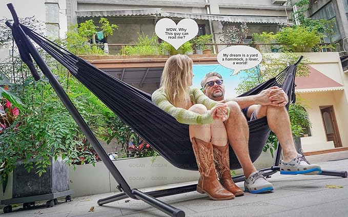 GOCAN Double Hammock 2 Person Extra Large 330X150cm Load Capacity 600Pound Canvas Cotton Hammock for Patio Porch Garden Backyard Lounging Outdoor and Indoor XXL(Black)