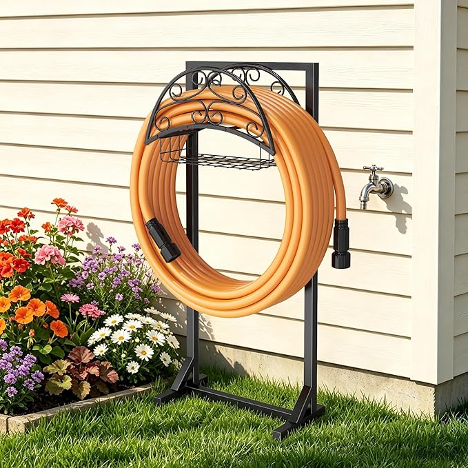 Garden Hose Holder – Freestanding Water Hose Stand with Storage Basket, Sturdy Metal Hanger Heavy-Duty Garden Storage Rack for Outside, Supports 151FT