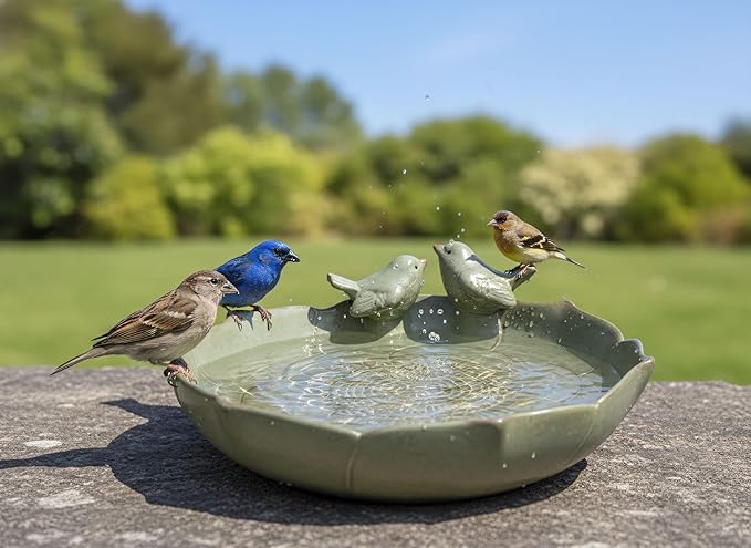 Large Ceramic Bird Bath Bowl Only, 10" Shallow Ground Bird Bath, Handmade Ceramic Birdbath Bowl for Outdoors, Wildlife Water Bowl for Outside, Garden, Tabletop, Balcony and Lawn
