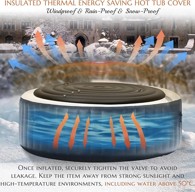 Inflatable Hot Tub Cover Round, Fits Saluspa Coleman Intex Cover, Thermal Insulated & Energy-Saving Weatherproof Protector, Unique Design Flexible Adjust Pool Cover Size Replacement-Life Time Support