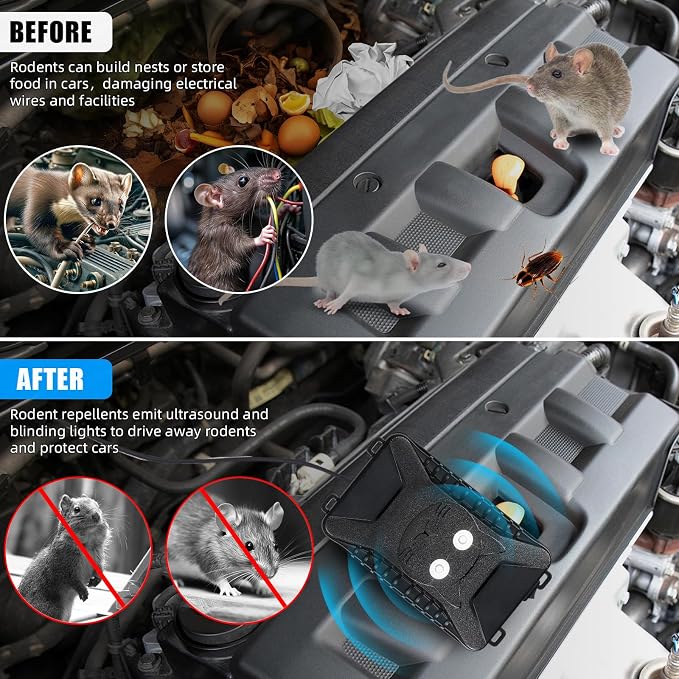 Upgraded Rodent Repellent for Car Engines Ultrasonic Mouse Deterrent for Rat Mice Squirrels Battery Operated Car Rodent Repellent Under Hood Rat Deterrent for Attic Barn Garage Indoor Outdoor,2 Pack