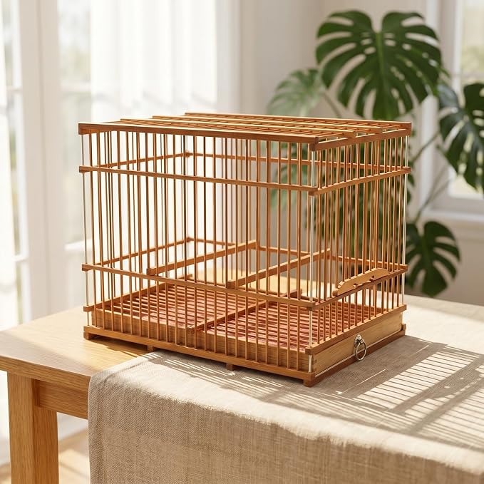 Totority Bamboo Woven Small Bird Cage - Portable Lightweight Travel Carrier for Finch, Canary & Parakeet - Handmade Vintage-Style Pet House for Outdoor & Indoor Use - Light Brown,11. 6" X 9. 4" X 7.