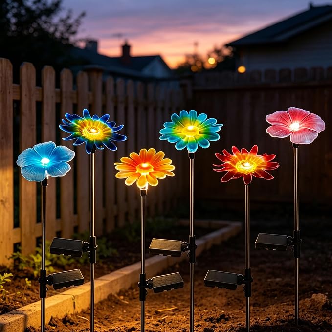 6 Pack Solar Garden Lights Outdoor Decor,Stake Yard Figurine Colorful Flower Light, Housewarming Ornament for Patio, Lawn, Yard, Pathway (Art Deco)
