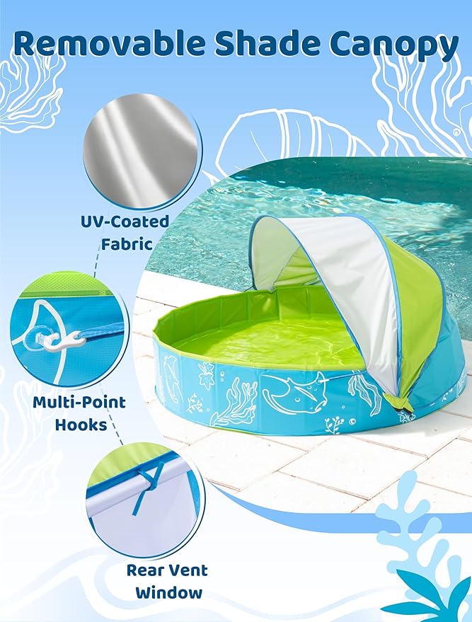 Hikiddy Foldable Kiddie Pool with Canopy: 31.5in/ 47in /63in for Baby Toddler Kids Family - Summer Water Play Pool with Shade - Portable for Outdoor Backyard Beach (Blue-Green, 63in)