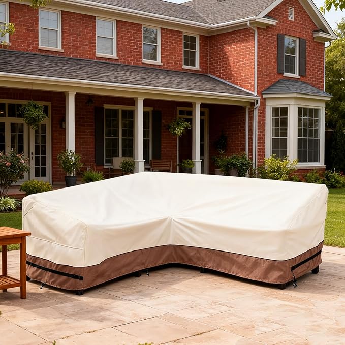 okcool Outdoor Sectional Cover,V Shaped Patio Furniture Covers for 5-Seater Outdoor Sectional Furniture Couch 85"(85''L) x 33.5''D x 31''H, Beige & Brown