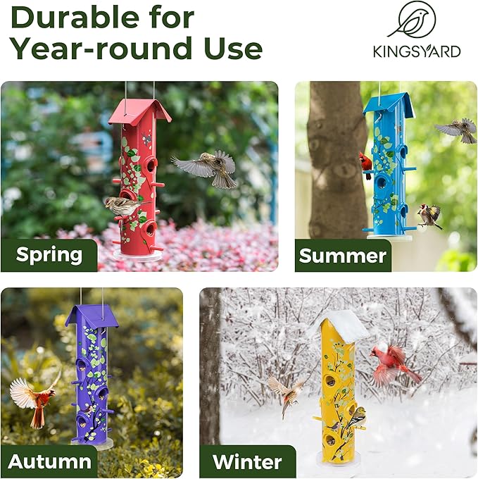 Kingsyard Metal Bird Feeders for Outdoors Hanging, 6-Ports Tube Bird Feeder, 14 inch, Durable & Weatherproof, Large Capacity for Attracting Wild Birds (Red)