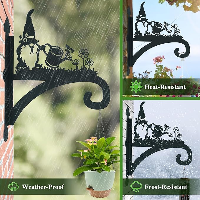 Hanging Plant Bracket Heavy Duty Iron Ornamental Gnome Silhouette Hanging Plant Hangers Outdoor 12 inch Basket Bracket Hook Wall Mounted for Flower Pot, Lantern, Bird Feeder, Wind Chimes