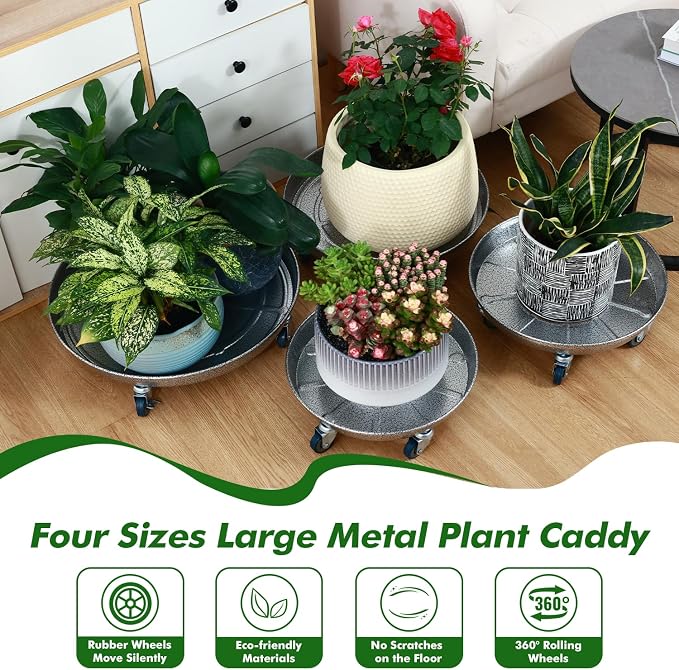 Planterhoma 3 Packs 20 Inch Metal Plant Caddy with Wheels Extra-Large Rolling Plant Stand Heavy-Duty Iron Plant Dolly Casters for Indoor Outdoor Flower Pot Mover Roller Coasters, Silver-Black