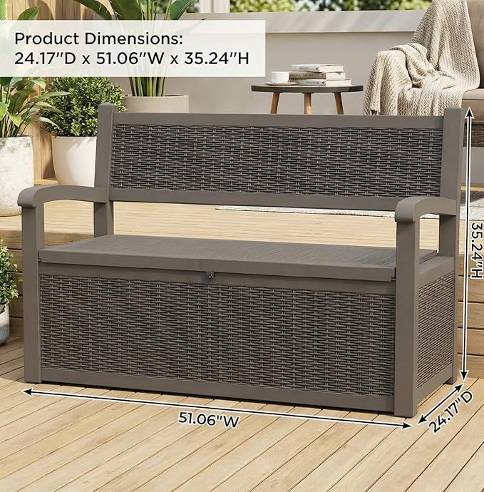 80 Gallon Outdoor Storage Bench, Waterproof Patio Deck Box with Lockable Lid for Garden & Porch, All-Weather Resin Furniture for Cushions, Tools, Pool Accessories