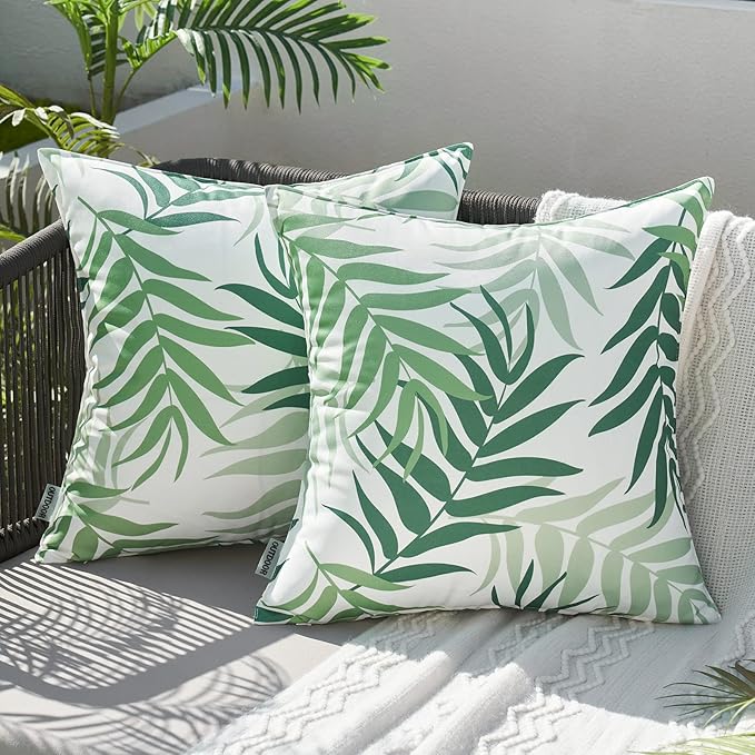 MIULEE Pack of 2 Decorative Outdoor Waterproof Spring Throw Pillow Covers Patio Pillow Cases Natural Leaves Pattern Square Cushion Shams Shell for Garden Balcony Couch 18x18 Inch, Sage Green