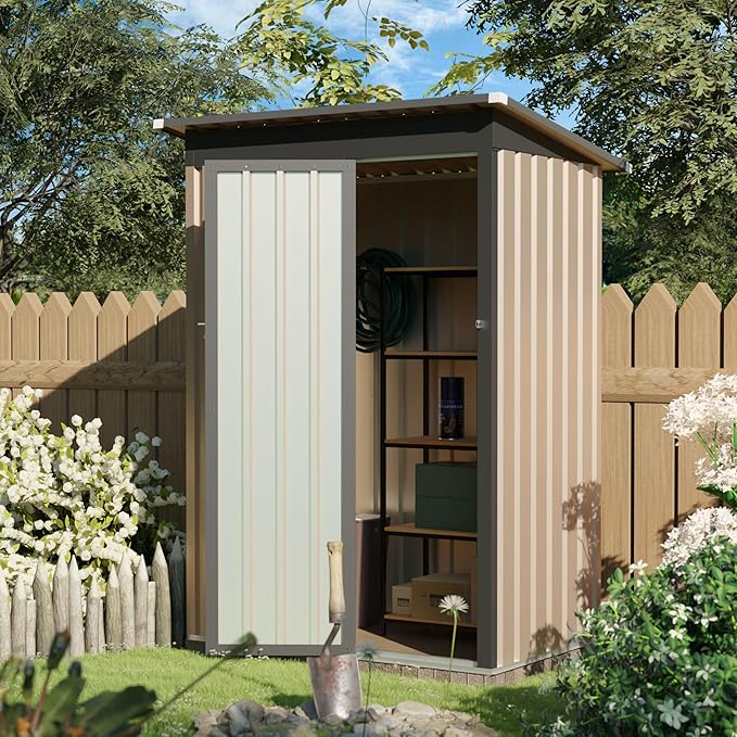 KEIKI 5x3 FT Metal Storage Shed with Pent Roof & Lockable Door, Small Outdoor Garden Tool Shed for Backyard, Patio, or Tiny House, Brown