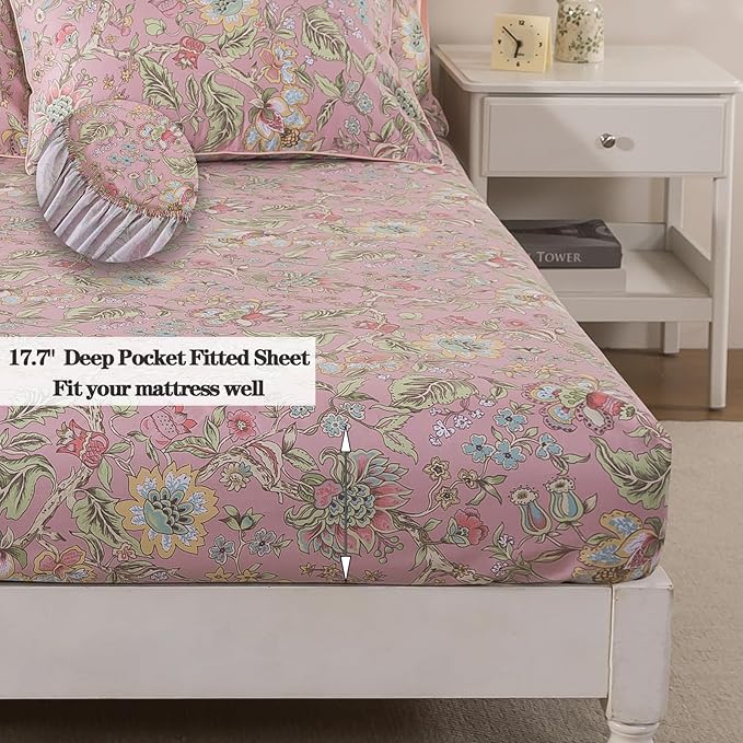 FADFAY Cal King Sheet Set 4Pcs 100% Egyptian Cotton Sheets Deep Pocket Soft Breathable Vintage Misty Pink French Country Bedding Shabby Cottagecore Floral Bedding Luxury Hotel Quality for All Seasons