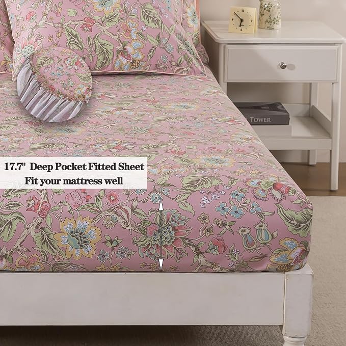 FADFAY Full Sheet Set 4Pcs 100% Egyptian Cotton Bed Sheets Deep Pocket Soft Breathable Vintage Misty Pink French Country Bedding Shabby Cottagecore Floral Bedding Luxury Hotel Quality for All Seasons