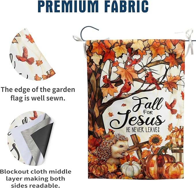 Stained Glass Autumn House Flag Fall for Jesus He Never Leaves Banner Religious Thanksgiving Pumpkin Yard Signs 28x40 Double Sided Outside Halloween Cardinal Garden Decor Outdoor