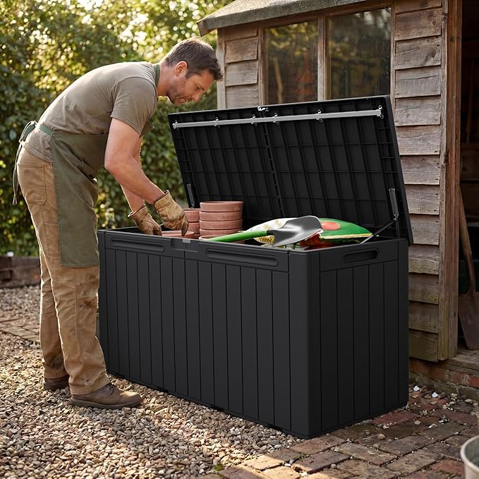 Greesum 110 Gallon Outdoor Storage Box with Lockable Lid, All-Weather for Patio Furniture, Pool Supplies & Garden Tools, Waterproof, UV-Resistant Large Deck Box, Dark Black
