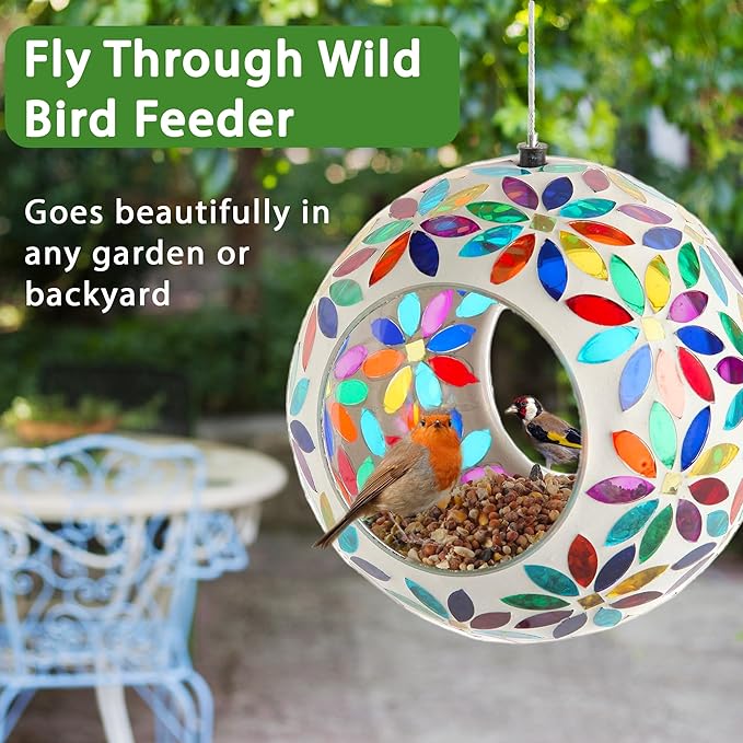 Lily's Home 5.5 Inches Glass Mosaic Hanging Bird Feeder for Outdoors Fly-Through Large Bird Feeder for Outdoor Garden Decor Backyard, Animals Lovers Gift, Multi Color Flowers