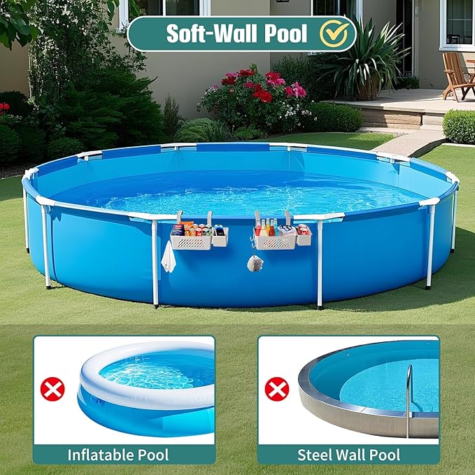 【2026 Upgrade】2-Pack Poolside Storage Basket with Cup Holder, Above Ground Pool Accessories, 3-in-1 Swimming Pool Hanging Storage Baskets to Organize Cups & Towels, Fits 3 Inch or Less Top Rail(Beige)