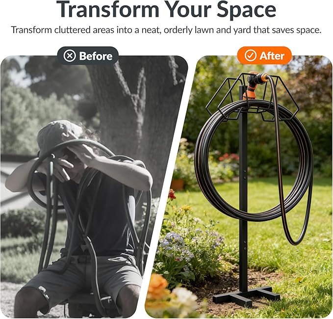 Giraffe Tools Garden Hose Holder Freestanding Heavy Duty Water Hose Holder Metal Stand, Holds 150FT Hose with 4 Spikes,Sturdy Hose Storage Stand for Outside Yard,Lawn,Garden,Black
