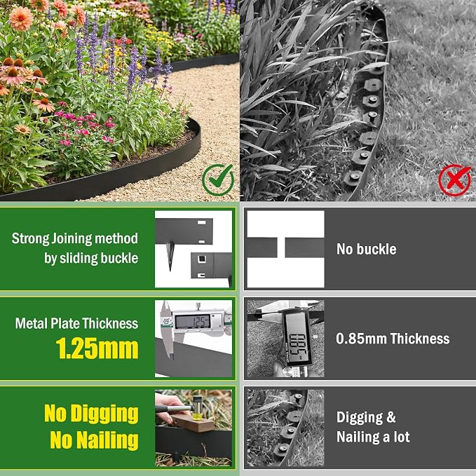 20ft. Galvanized Steel Landscape Edging, 6 Pack Metal Lawn Edging with a Pair of Gloves, Steel Landscape Edging for Fence, Yard Pathway, Flower Beds (Black，40" L x 6" H Each)