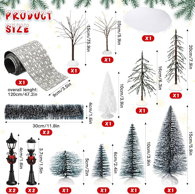 Hotop 18pc Christmas Village Accessories 47.2 Inch Village Roads Mini Snowy Trees Streets Light Lamppost Hedge Figurines Set for Display Winter Holiday Decorations DIY Crafts No Batteries(Rustic)