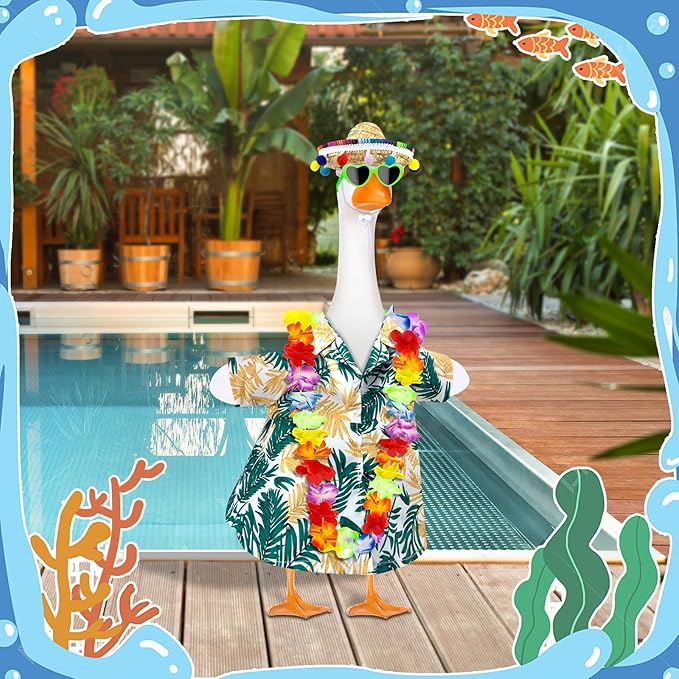 Hawaiian Goose Outfit with Sunglasses & Wreath,Porch Goose Outfits for 23" 17" Cement Plastic Goose Clothes Costumes,Garden Decor Goose and Duck Costume for Outdoor Statues
