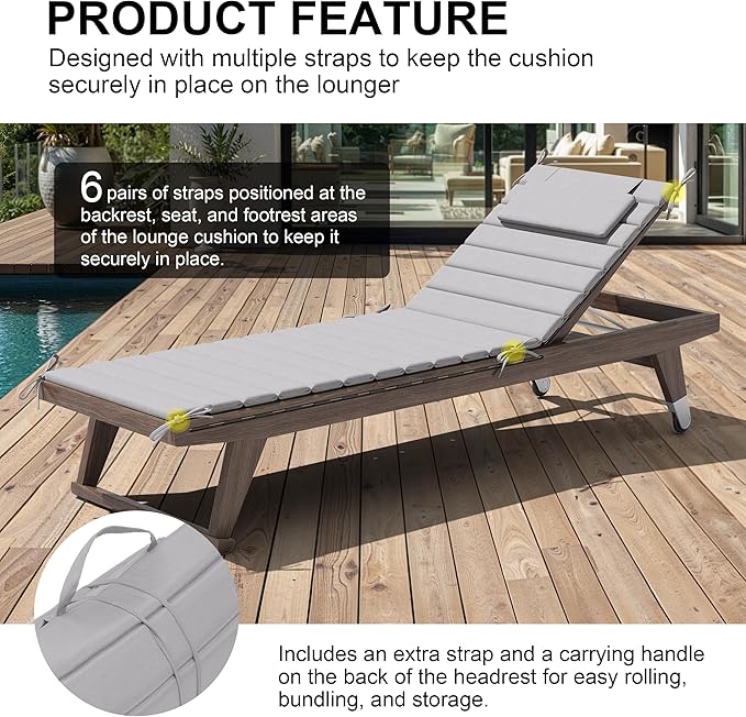 Crestlive Products Chaise Lounge Cushion Outdoor Set of 2, Foldable Waterproof Pool Lounge Chair Cushions with Straps, Lounger Cushions for Outdoor Furniture， 71''Lx21''W (Light Gray)