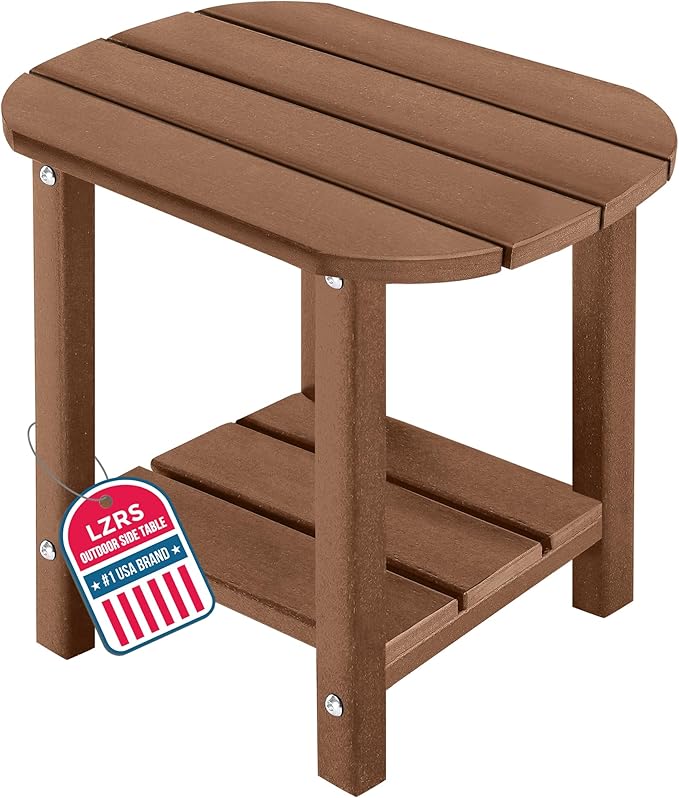 LZRS 2-Tier Patio Side Table, Heavy Duty HDPE Outdoor End Table with Wood Texture, Weatherproof Composite Table for Adirondack Chairs, Deck, Pool, Indoor/Outdoor, No Peeling Cracking(Brown)