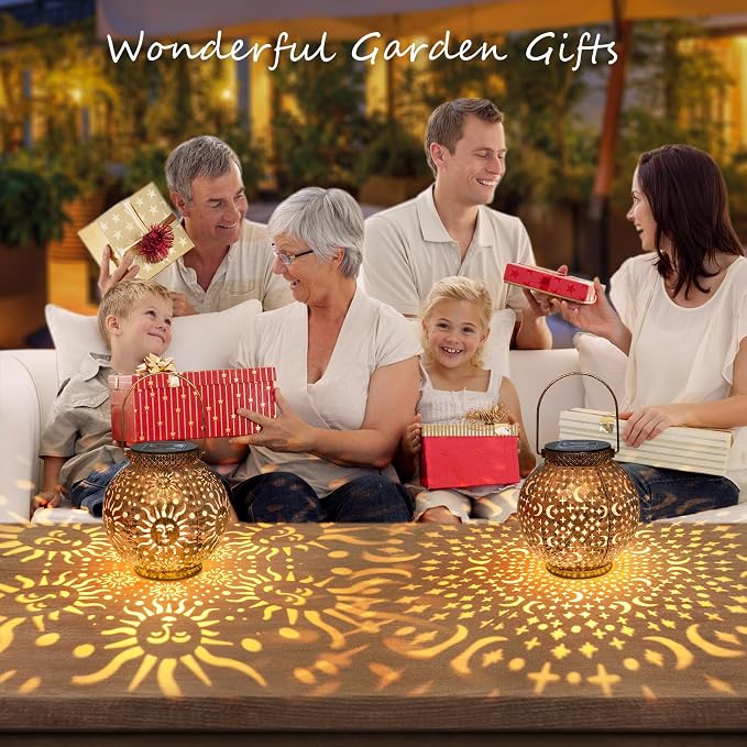 Go2garden 2Pack Solar Lanterns Outdoor Waterproof Mothers Day Gifts for Mom Moon Star Sun Solar Lights for Balcony, Yard,Birthday Gifts for Women Grandma Wife (Bronze)