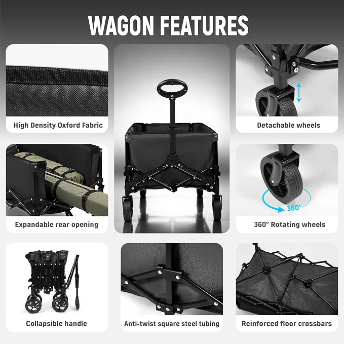 Collapsible Wagon Cart with Extendable Storage - 5.8cu.ft Capacity,300lbs Heavy Duty,Compact Foldable Wagon Cart for Grocery Shopping,Outdoor,Camping,Sport Events,Garden,Vendor Markets,Soccer Games