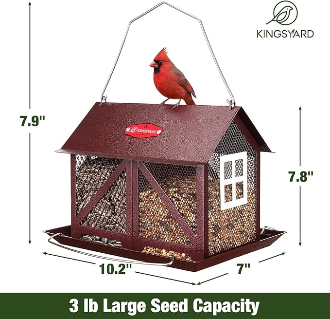 Kingsyard Metal Bird Feeder for Outdoors Hanging, 2-in-1 Wild Bird Feeder with Seed Tray & Built-in Perch, 5 lb Large Capacity for Cardinal Chickadee Finch, Bronze