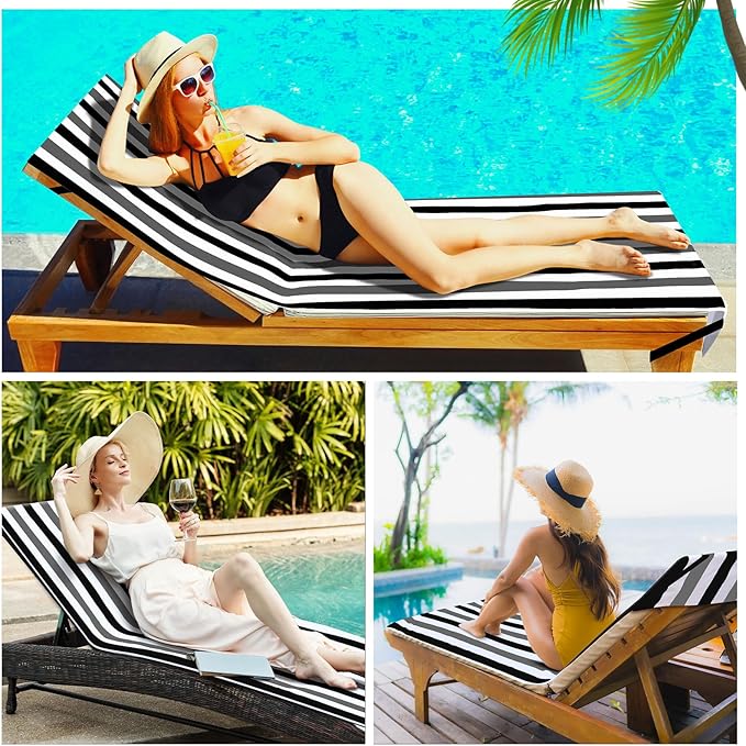 Fumete 2 Pack Lounge Chair Covers 30 x 85 Inch Pool Chaise Lounge Towels Microfiber Beach Chair Towel Portable Striped Outdoor Patio Furniture Cover for Sunbathing Picnic Spa(Black and Grey)