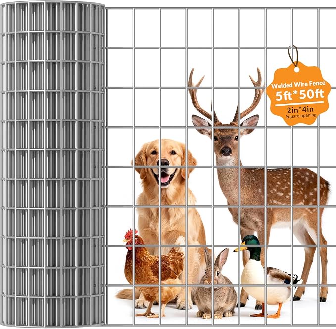 Welded Wire Fence 2‘’x 4‘’ 5ft x 50 ft,Vinyl Coated Welded Wire Mesh Roll,16GA Heavy Duty Galvanized Chicken Wire Fencing, Hardware Cloth for Yard Vegetable Protection Goat & Poultry Netting