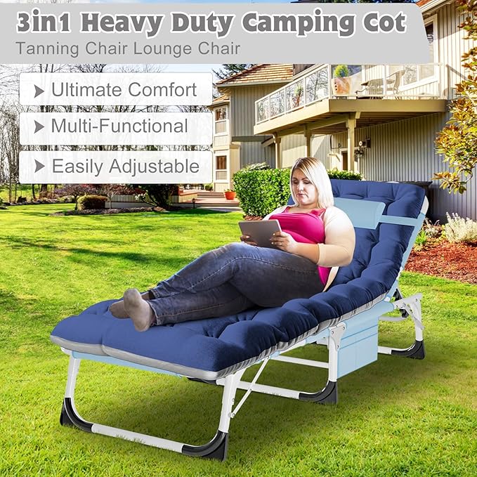 ABORON 3 in 1 Sun Tanning Chair, Heavy Duty Folding Chaise Lounge Chairs, Oversized with Mat/Pillow/Face Arm Hole, for Beach Pool Lawn Yard Patio