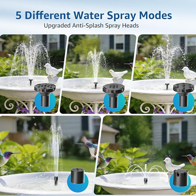 Solar Fountain Pump for Bird Bath, 2.5W Solar Water Pump with Dry-Run Protection, 5 Spray Modes & 4ft Hose, Adjustable Ground Stake for Garden Small Pond Fish Tank DIY Water Feature