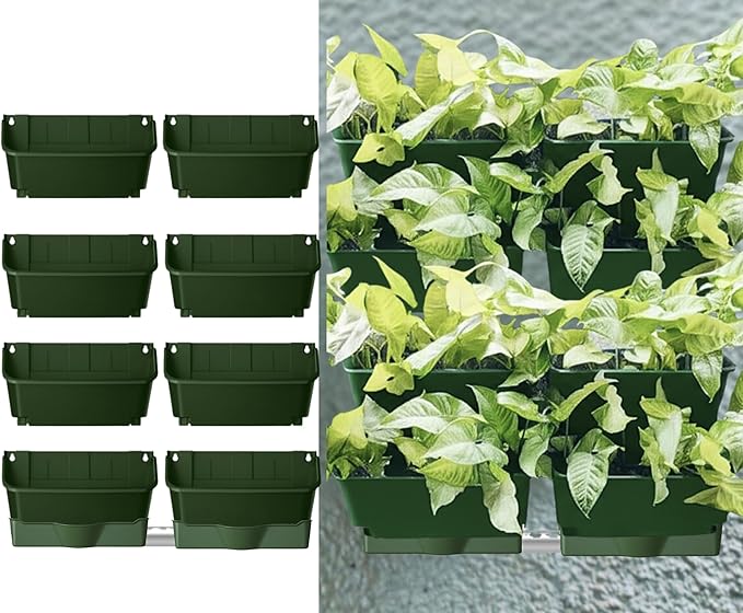 Maxona Vertical Wall Planter for Indoor Plant-Walls Mounted Pot with 2 Drainage Tray 8 Pack, 13 inch Dark Green for Indoors and Outdoor Decor, Plastic Pots Balcony Planters, Plants Hanging